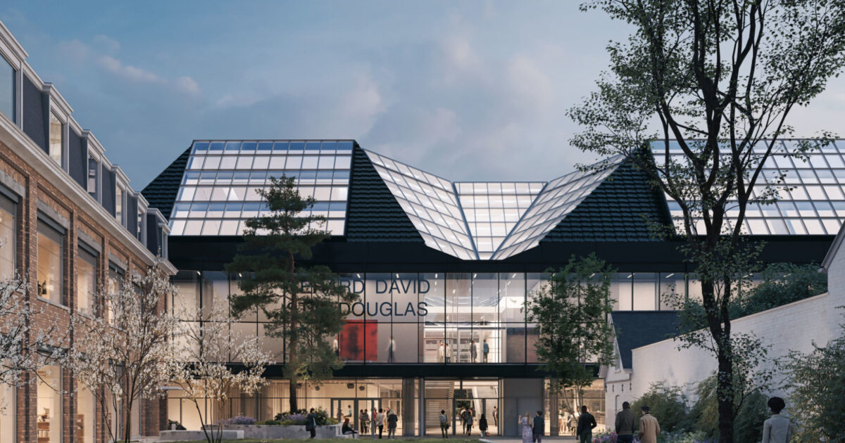 Ontwerpbeeld van een publiek gebouw met glazen sheddaken